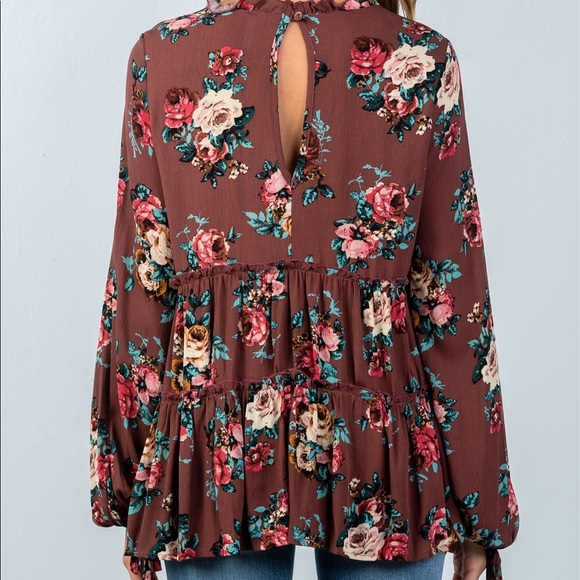 Boho baby doll top. Brown with flowers. 3 left. - Picture 2 of 4